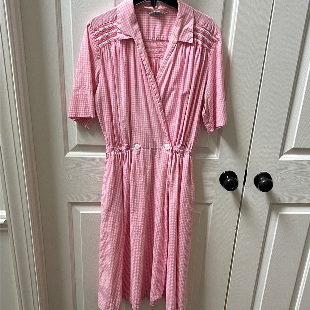 Vintage Smocked Pink Gingham Wrap Dress